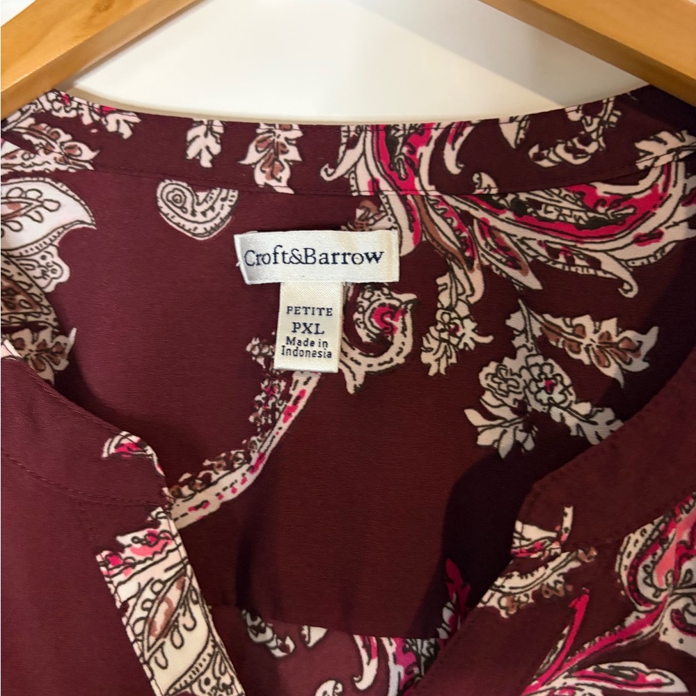 Croft & Barrow Burgundy Paisley Roll-Tab Sleeve Button Down Blouse PXL Petite XL - Picture 3 of 5